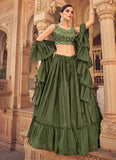 Thread and mirror work Olive green Tiered Lehenga Choli