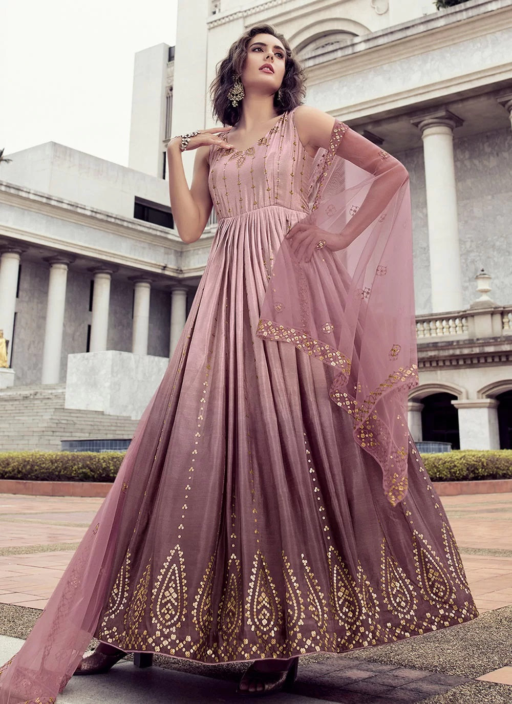 Thread And Sequince Embroidered Work Chinon Gown With Dupatta In Pink