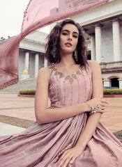 Thread And Sequince Embroidered Work Chinon Gown With Dupatta In Pink