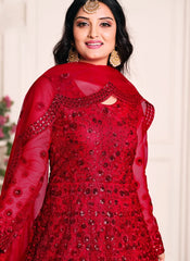 Thread Embroidered Net Anarkali Suit In Red