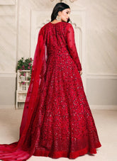 Thread Embroidered Net Anarkali Suit In Red