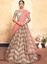 brown lehenga with pink dupatta
