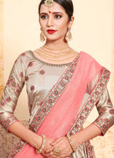 brown lehenga with pink dupatta