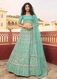Turquoise Zari And Sequins Work Organza Lehenga For Bridesmaid