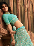 Turquoise Zari And Sequins Work Organza Lehenga For Bridesmaid