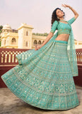 Turquoise Zari And Sequins Work Organza Lehenga For Bridesmaid