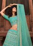Turquoise Zari And Sequins Work Organza Lehenga For Bridesmaid