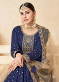 Wedding Wear Taffeta Silk Anarkali Gown in Blue