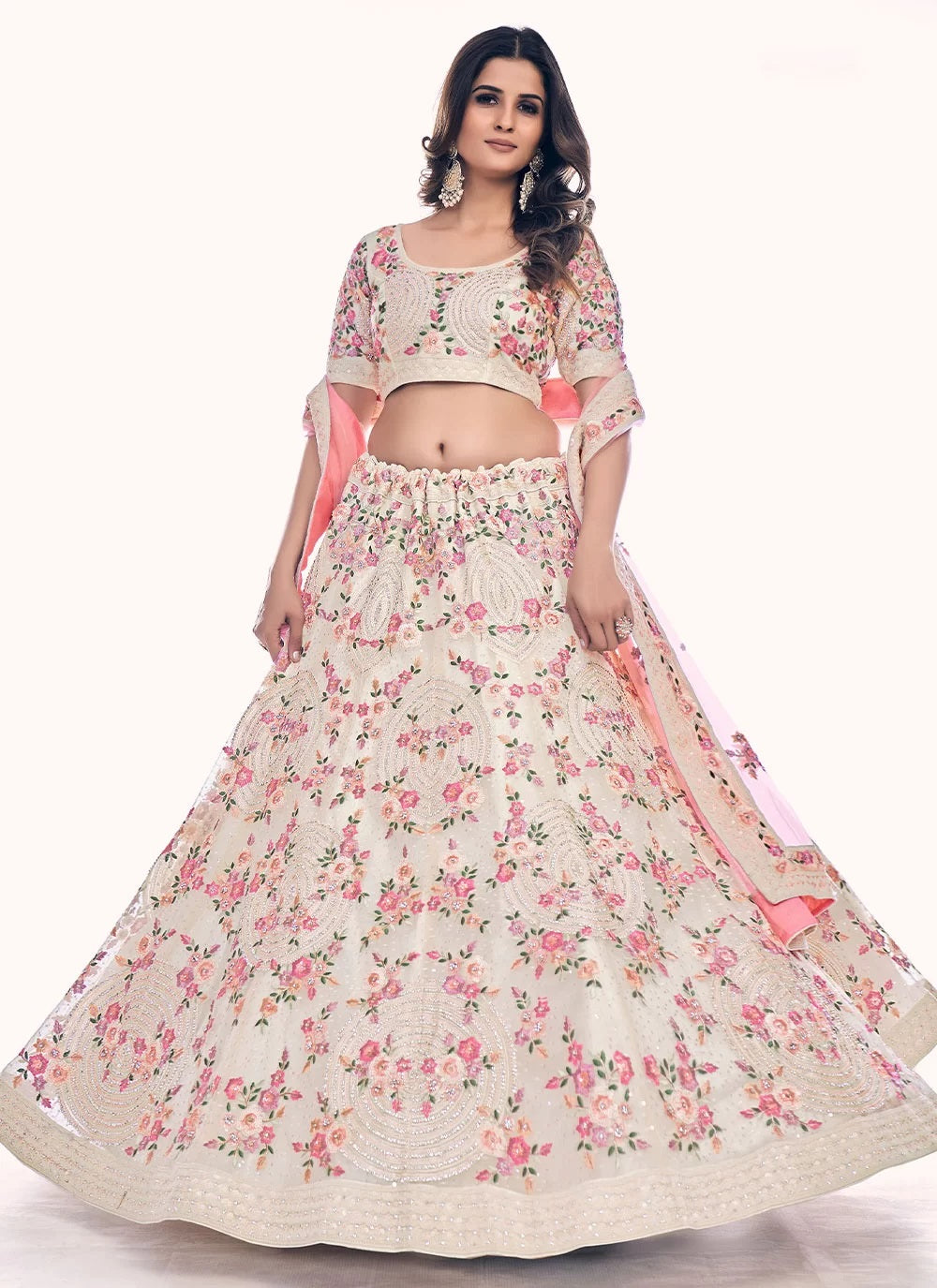 White Elegant Dori and Sequins Work Soft Net Lehenga