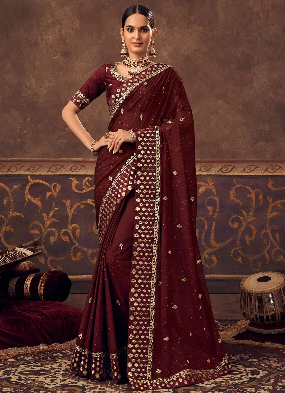 Wine Chinnon Zari Embroidery Work Saree