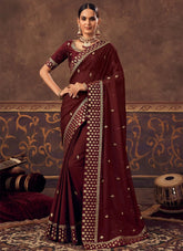 Wine Chinnon Zari Embroidery Work Saree
