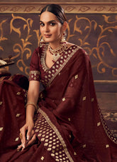 Wine Chinnon Zari Embroidery Work Saree