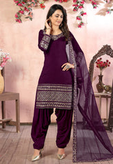 Wine Embroidered Art Silk Punjabi Suit