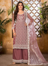 Wine Net embroidered Pakistani Palazzo Salwar Suit