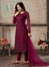 Wine Net Embroidered Straight Cut Salwar Suit