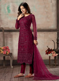 Wine Net Embroidered Straight Cut Salwar Suit