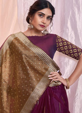 Wine Organza Silk Embroidered Party Wear Saree