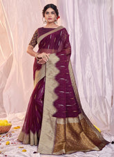 Wine Organza Silk Embroidered Party Wear Saree