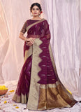 Wine Organza Silk Embroidered Party Wear Saree