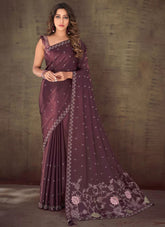 Wine Organza Silk Stone and Embroidered Work Saree