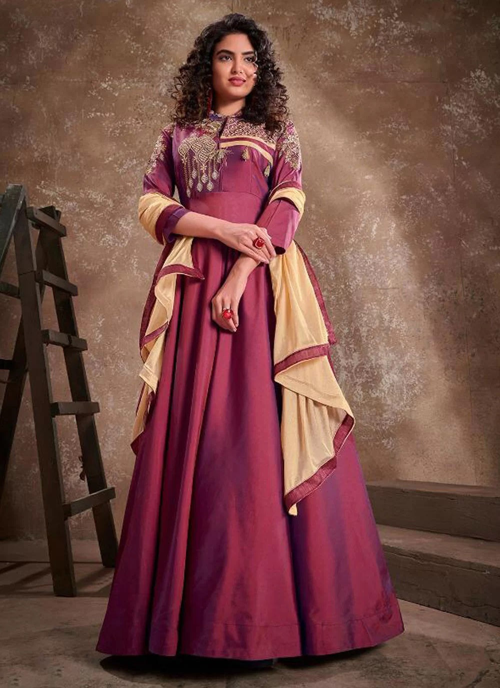 Wine Silk Embroidered Anarkali Gown With Dupatta