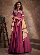 Wine Silk Embroidered Anarkali Gown With Dupatta