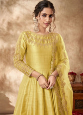 Yellow Art Silk Zari Embroidery Anarkali Dress