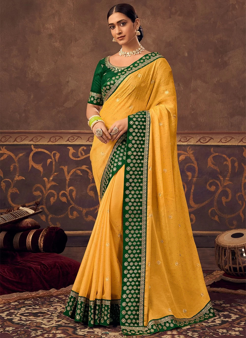 Yellow Chinnon Saree In Zari Embroidery and Stone Work