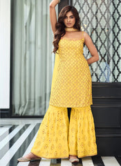 Yellow Georgette Embroidered Sharara Salwar Suit