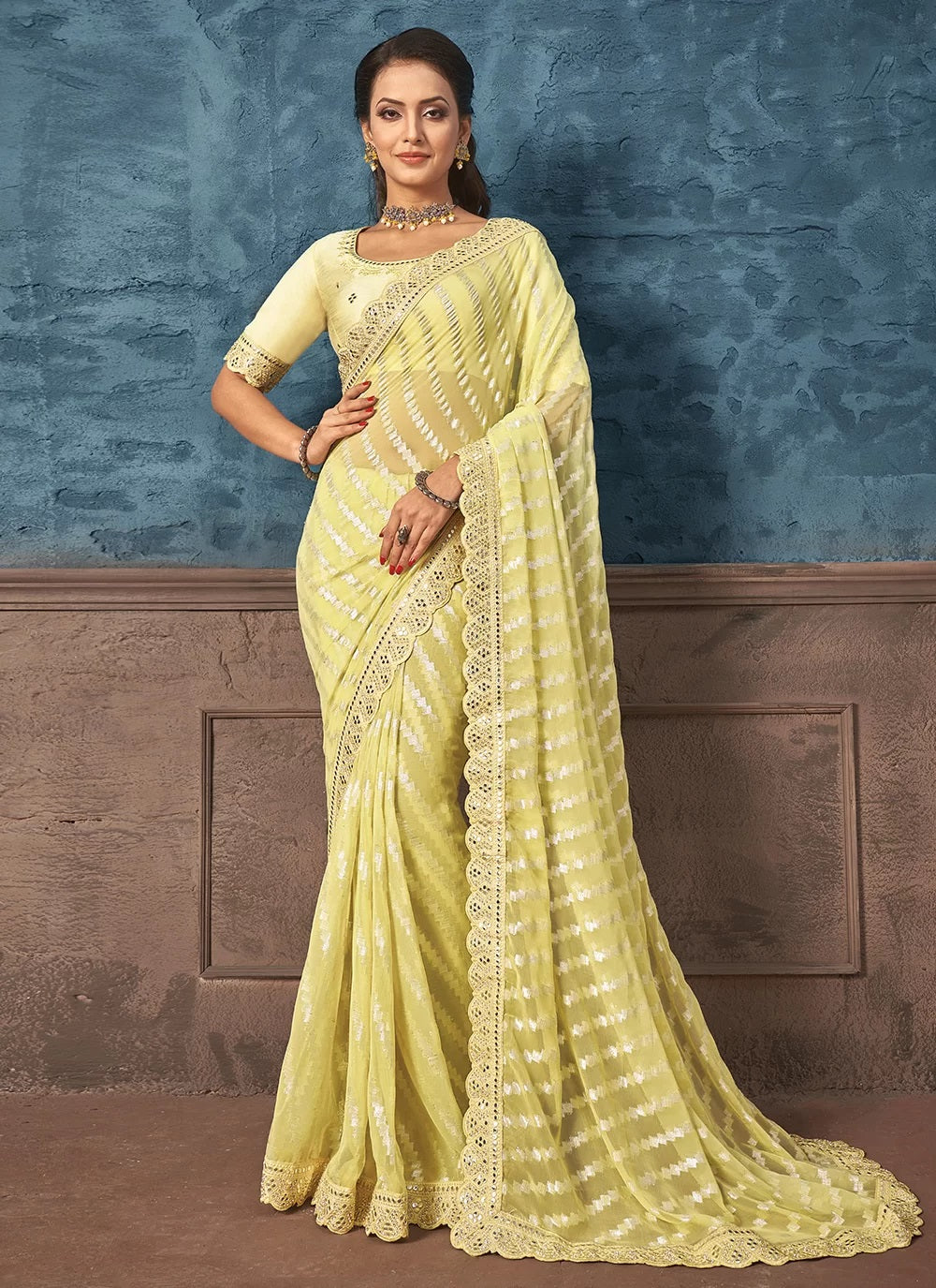 Yellow Jacquard Partywear designer Saree