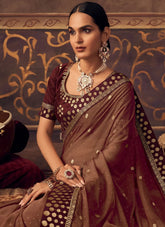 Zari Embroidery and Stone Work Saree In Brown Color