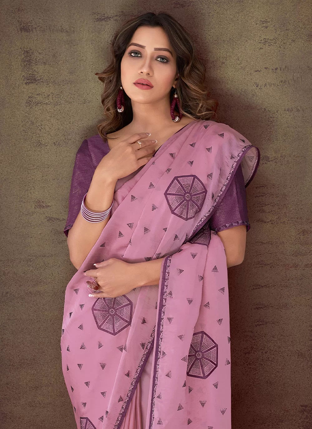Zari Organza Stone Work Indian Designer Saree In Pink