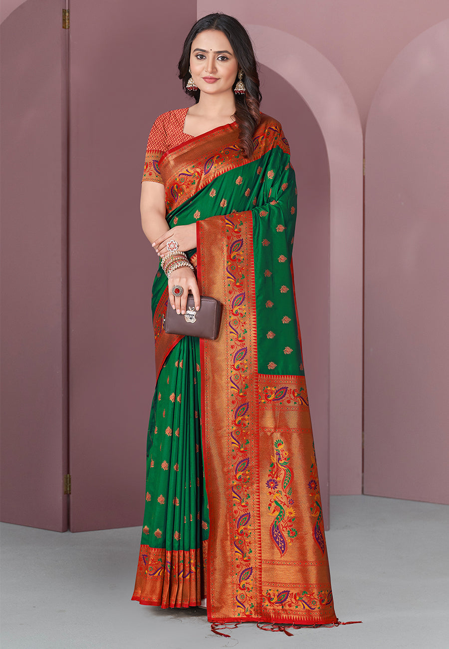 Green Original Meenakari Paithani Silk Zari Woven Saree