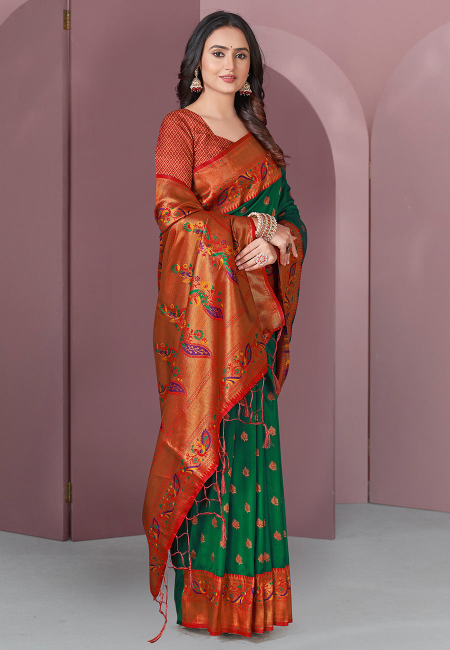 Green Original Meenakari Paithani Silk Zari Woven Saree