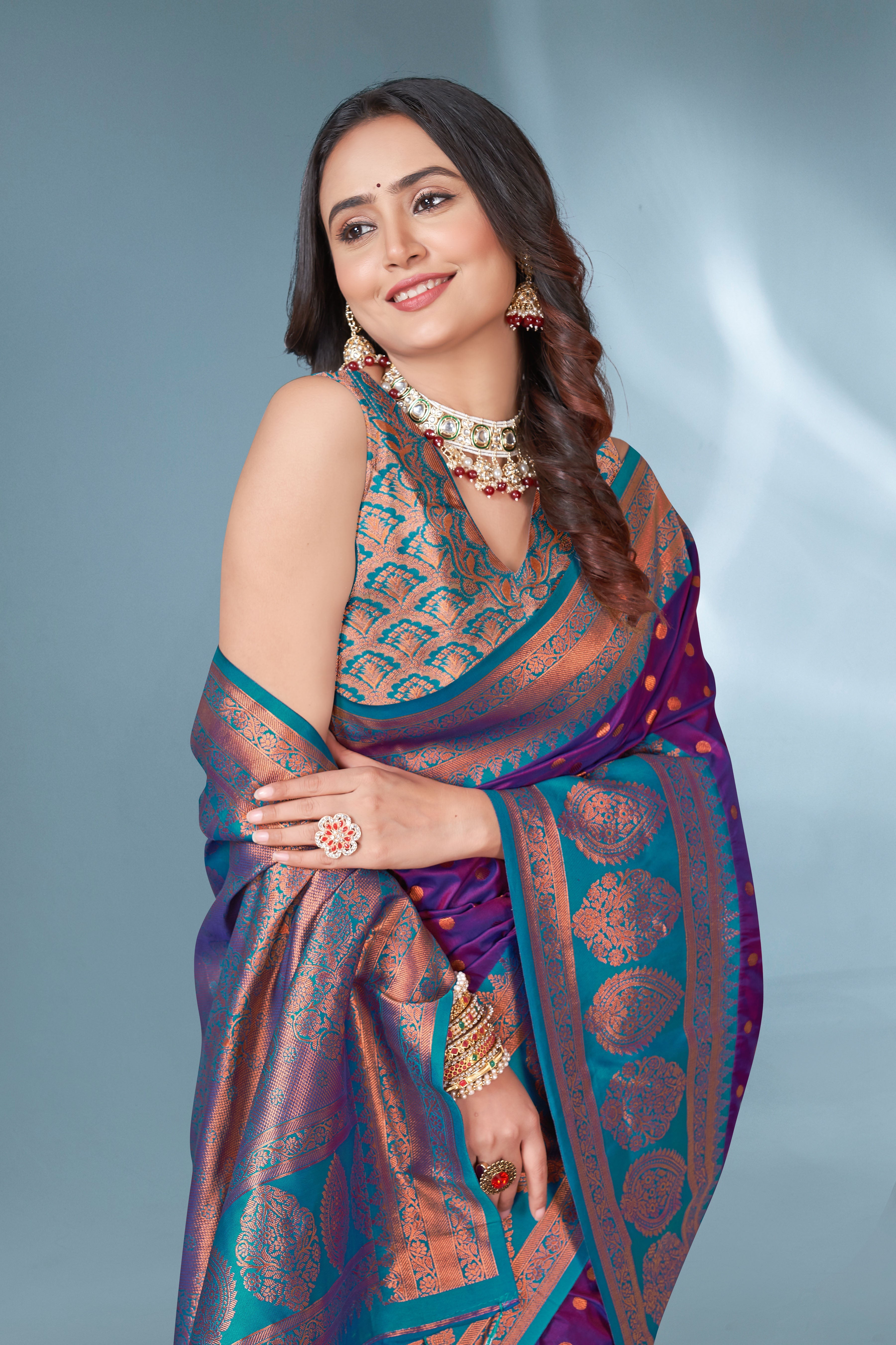 Purple Polka Paithani Silk Contrast Zari Woven Saree with Unstitched Blouse