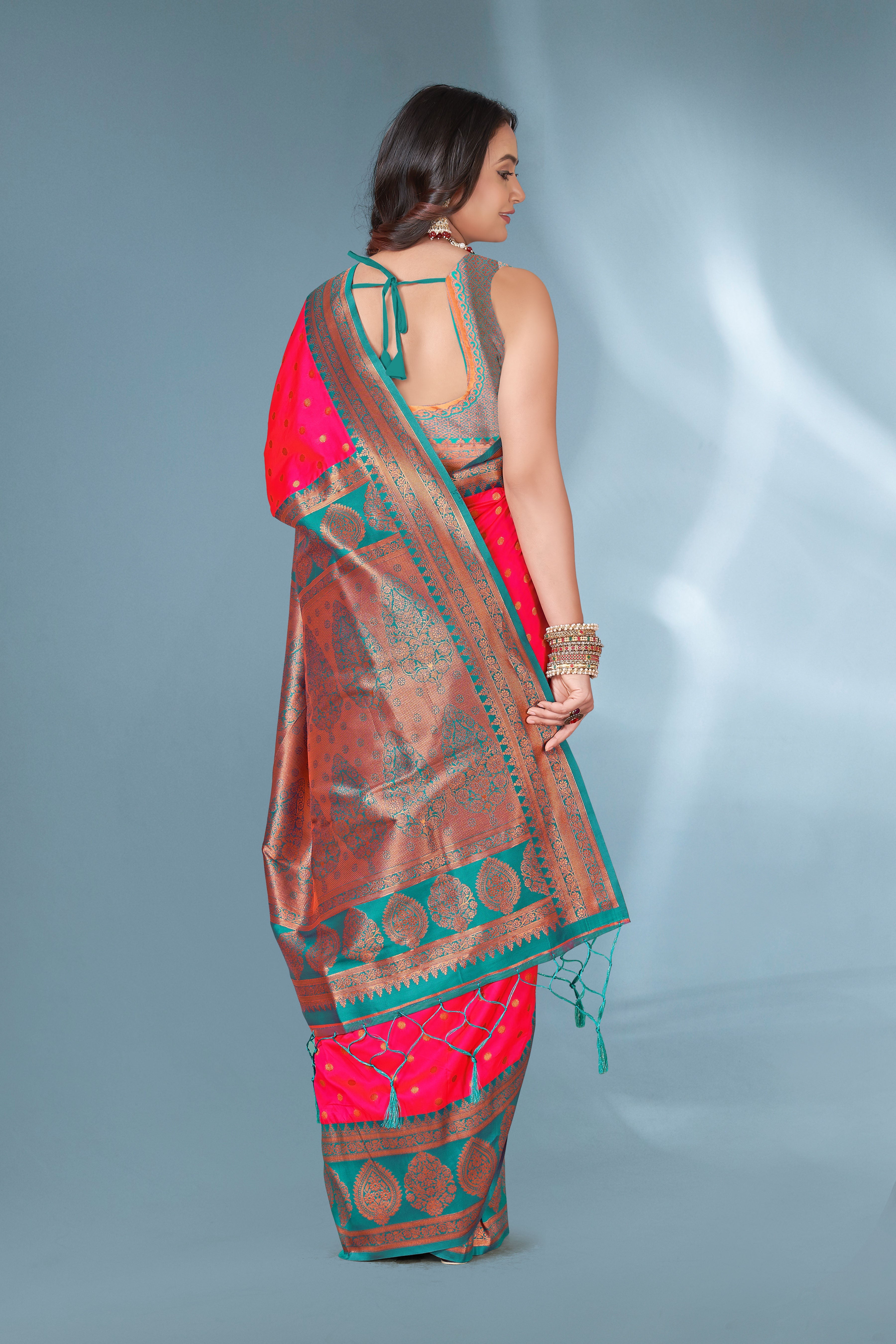 Pink Polka Paithani Silk Contrast Zari Woven Saree with Unstitched Blouse