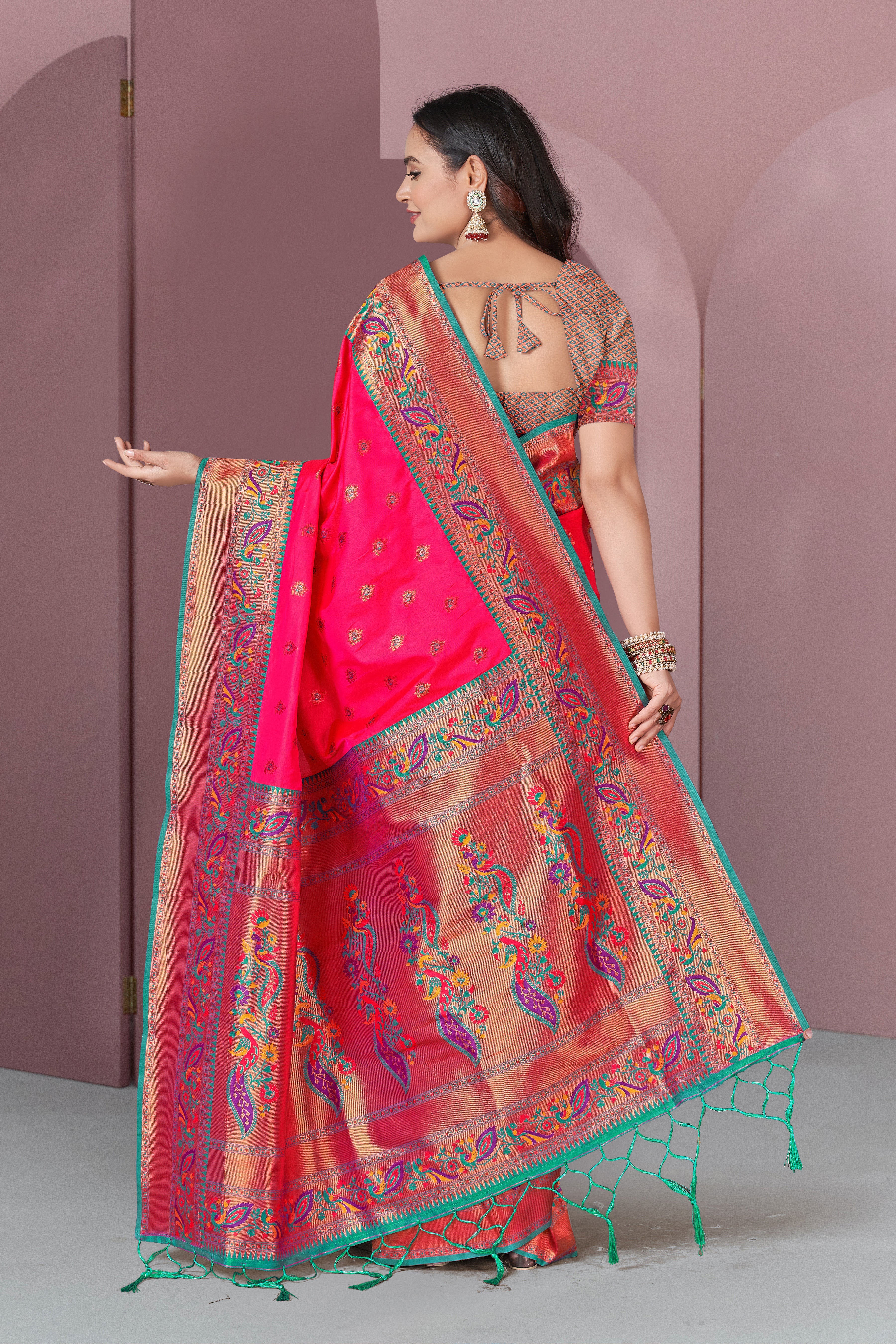 Pink Original Meenakari Paithani Silk Zari Woven Saree