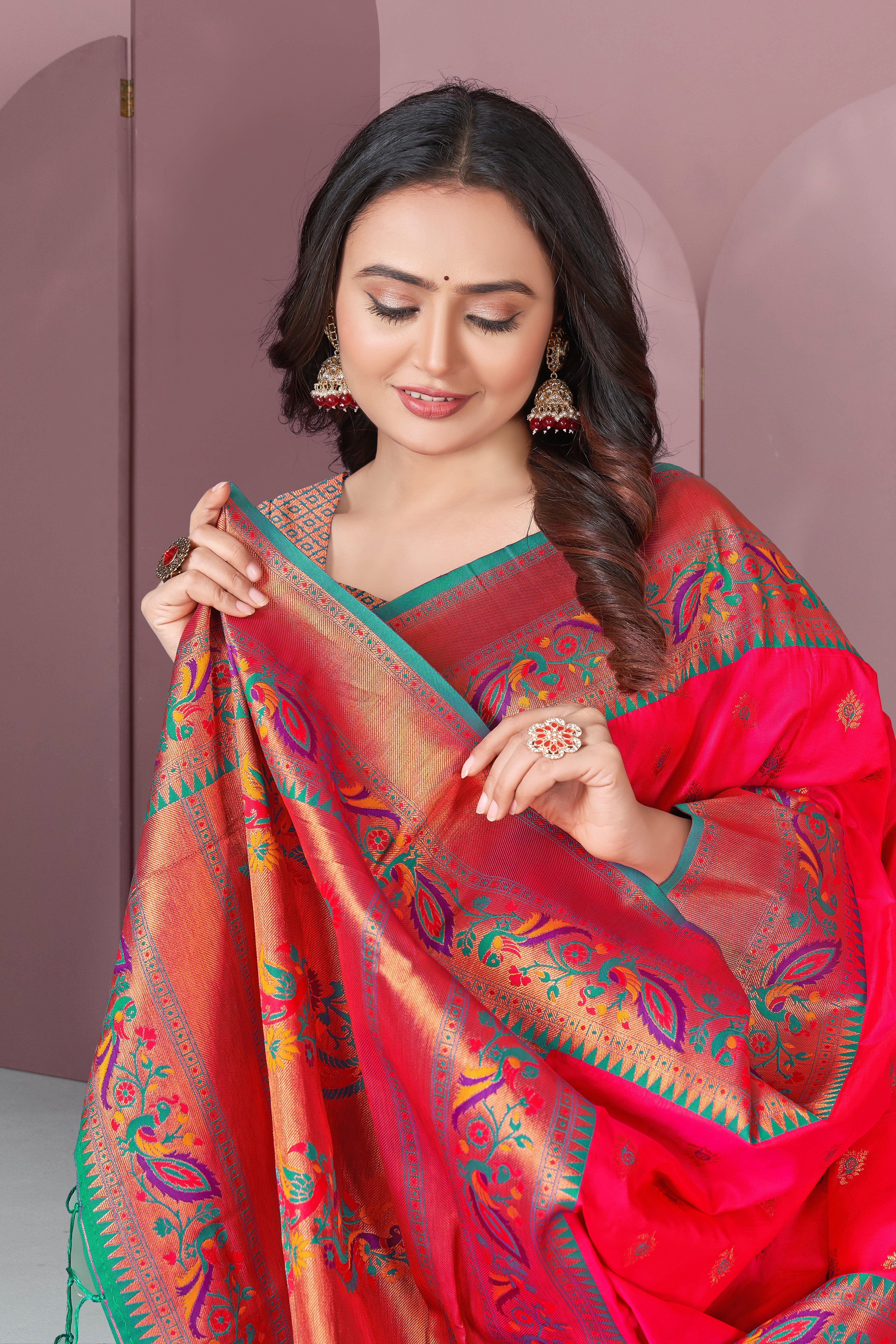 Pink Original Meenakari Paithani Silk Zari Woven Saree