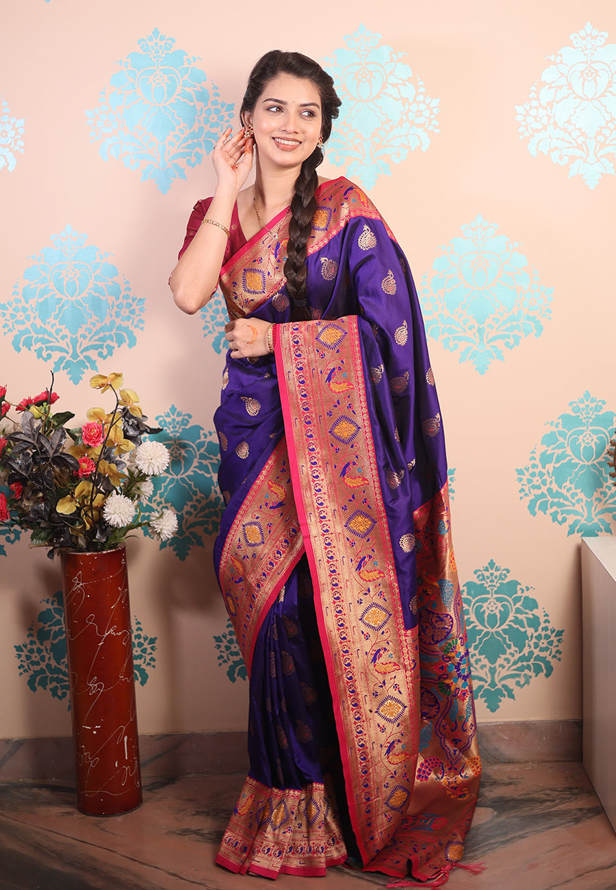 Violet Zari Woven Peacock Paithani Silk Saree