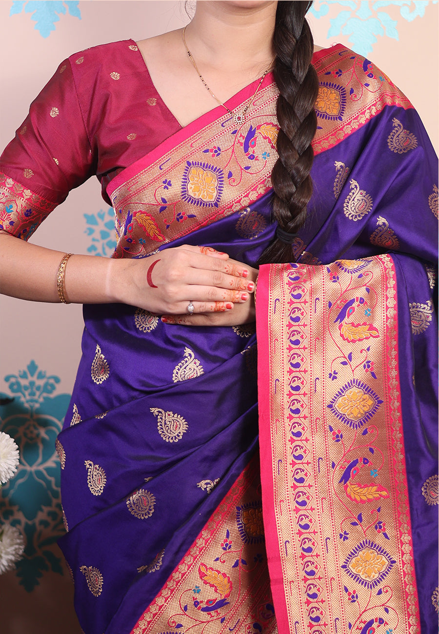 Violet Zari Woven Peacock Paithani Silk Saree