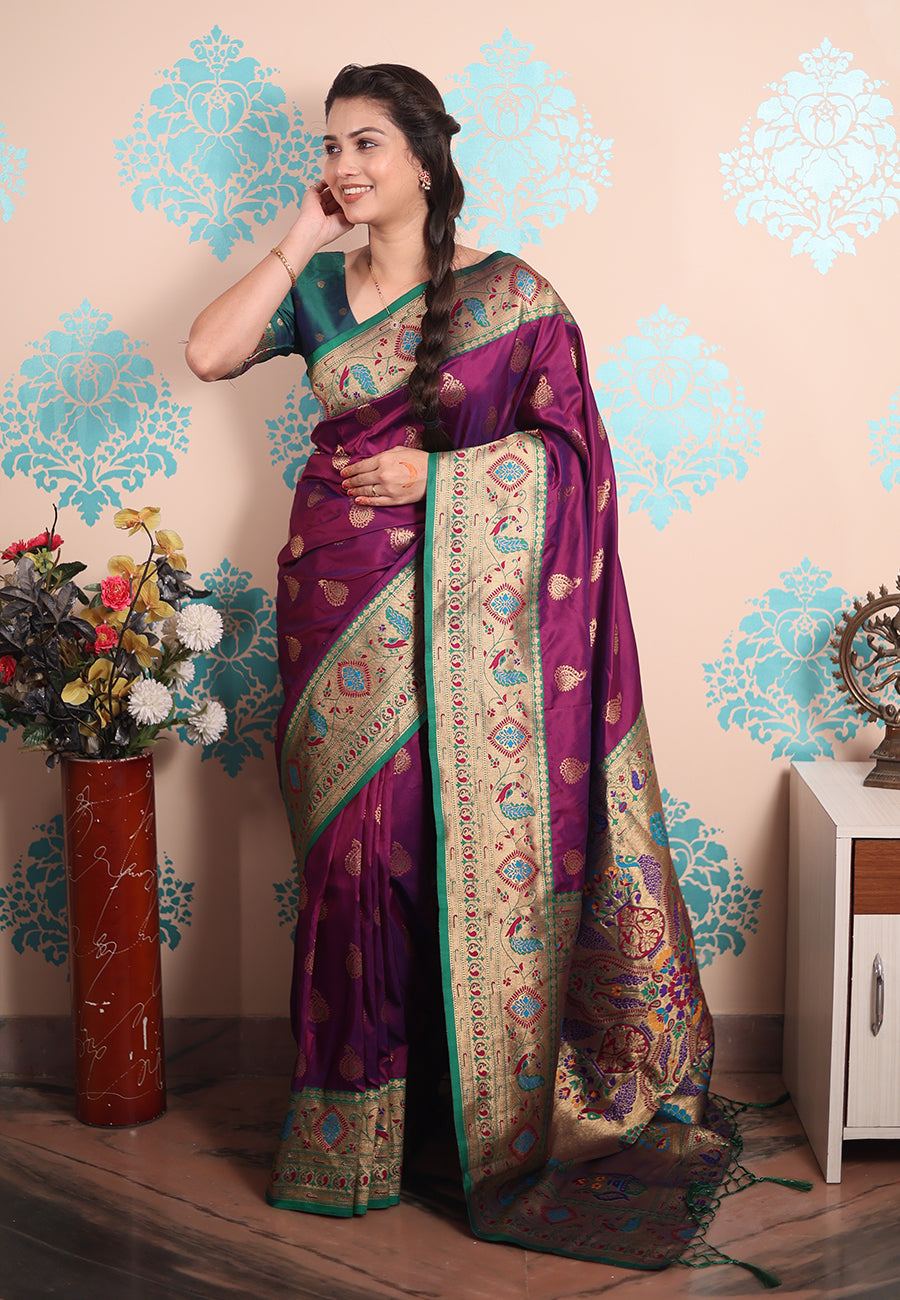 Purple Zari Woven Peacock Paithani Silk Saree