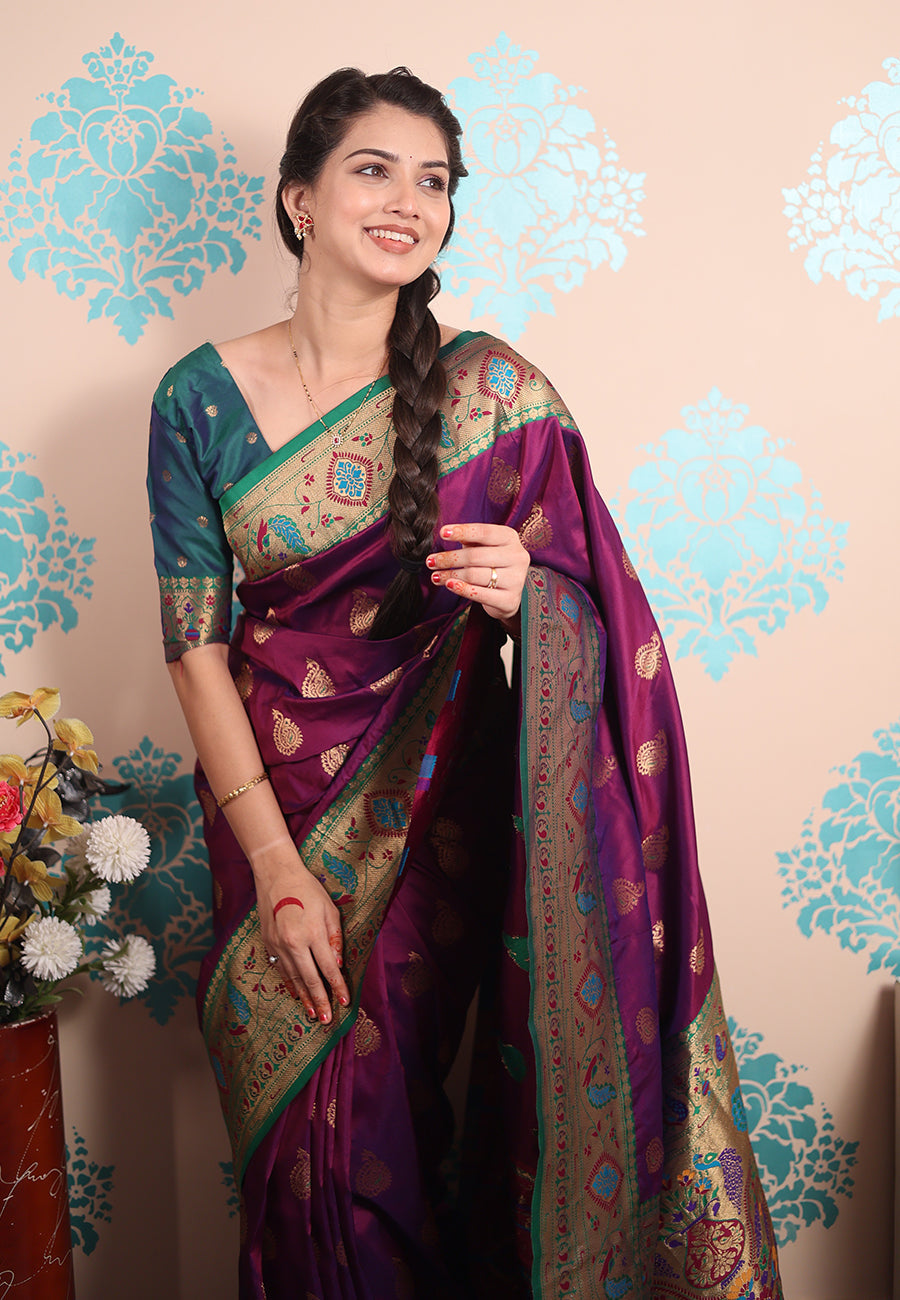 Purple Zari Woven Peacock Paithani Silk Saree