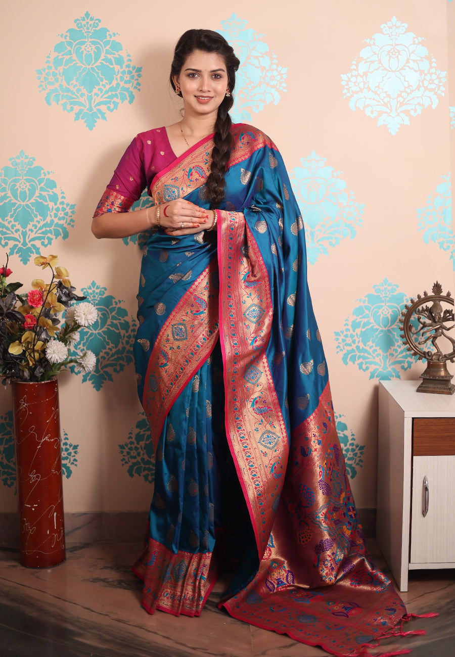 Rama Blue Zari Woven Peacock Paithani Silk Saree