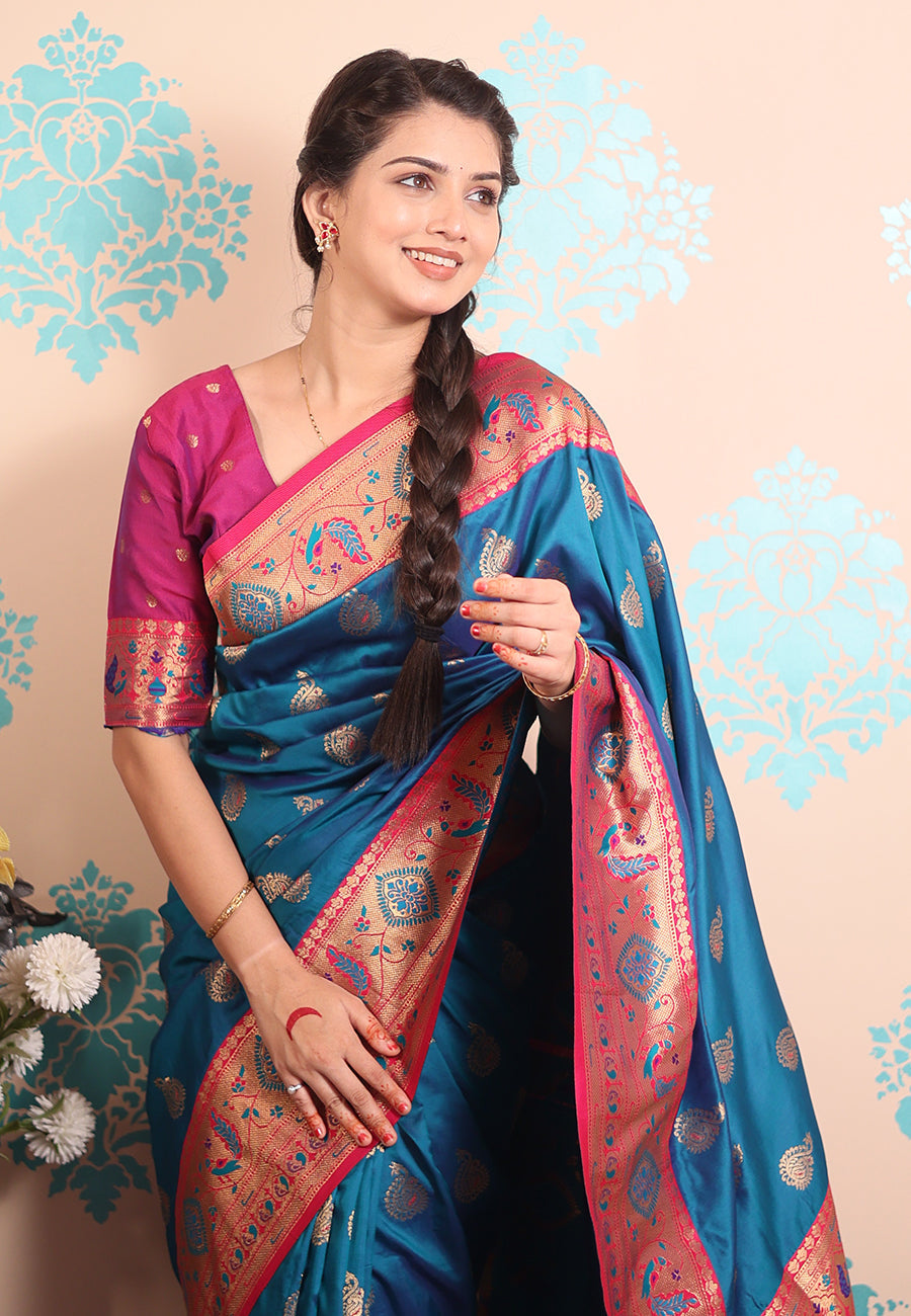 Rama Blue Zari Woven Peacock Paithani Silk Saree