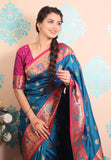 Rama Blue Zari Woven Peacock Paithani Silk Saree