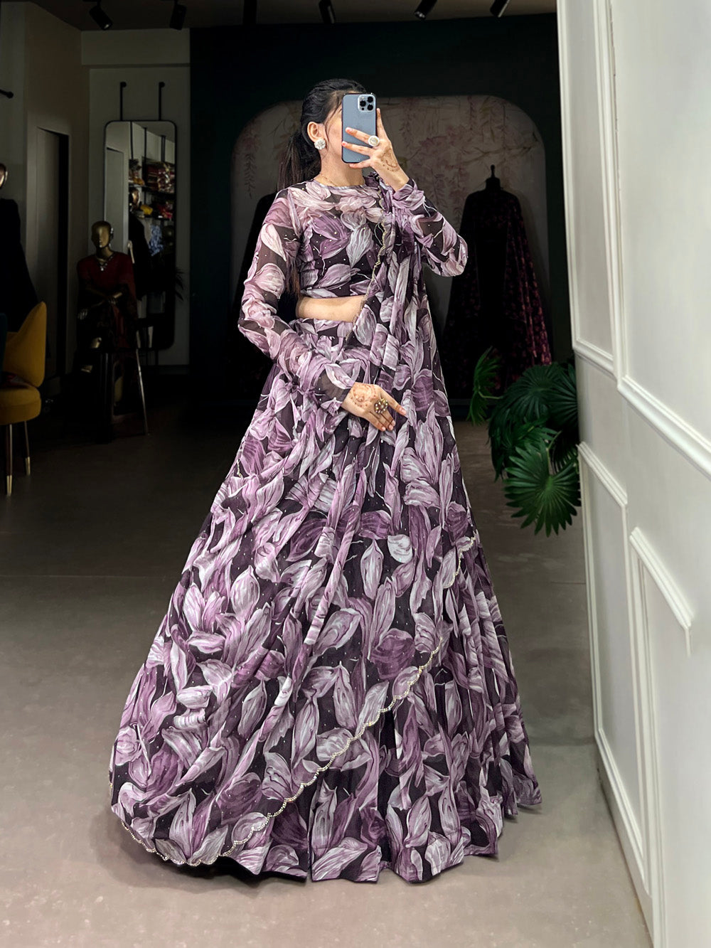 Coffee color tubby silk printed lehenga choli