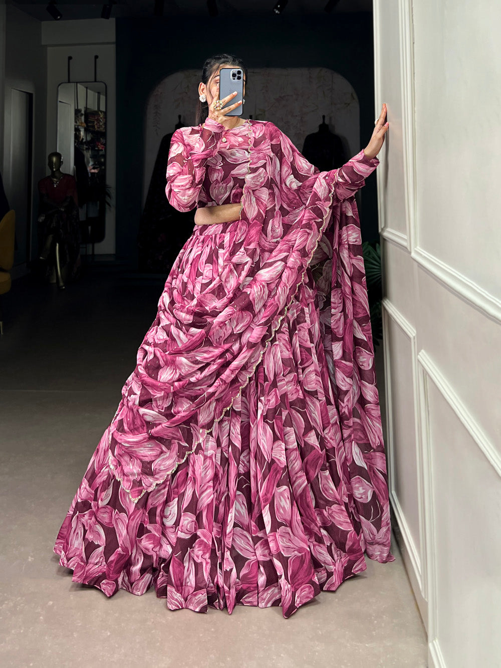 Maroon Color Printed With Hotfix Tubby Silk Lehenga Choli