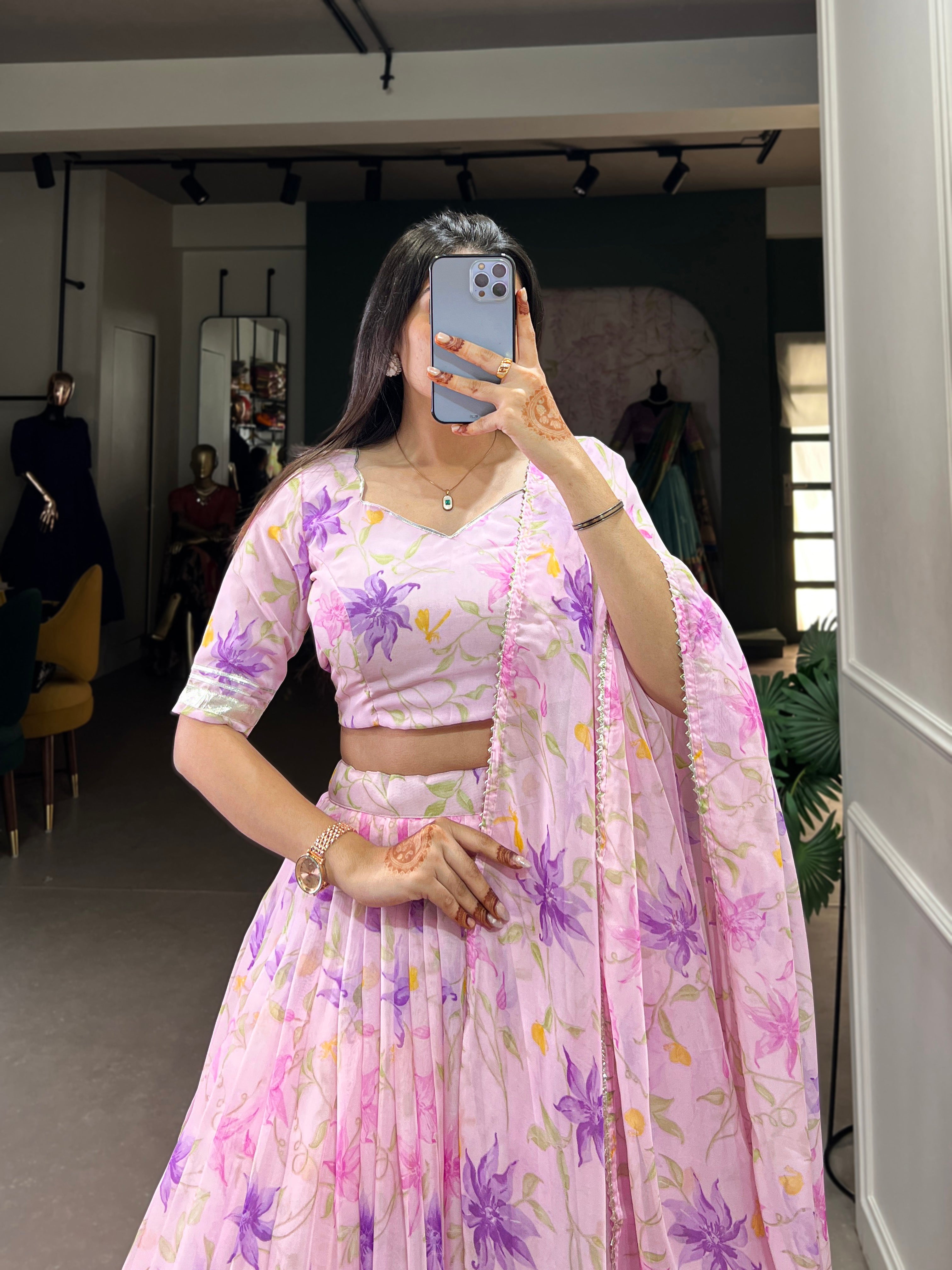 Baby Pink Color Floral Print With Lace Border Tabby Silk Lehenga Choli