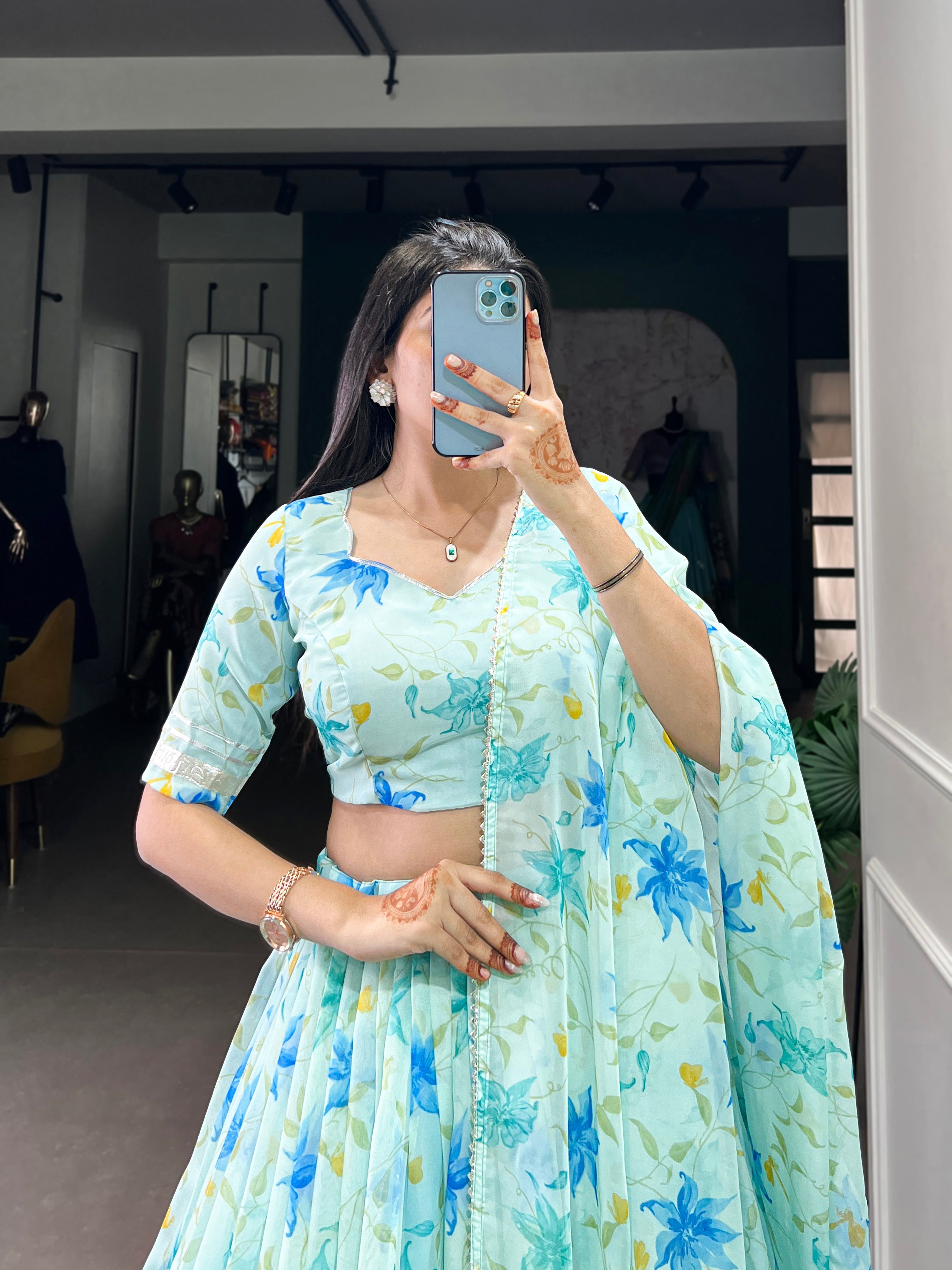 Pista Color Floral Print With Lace Border Tabby Silk Lehenga Choli