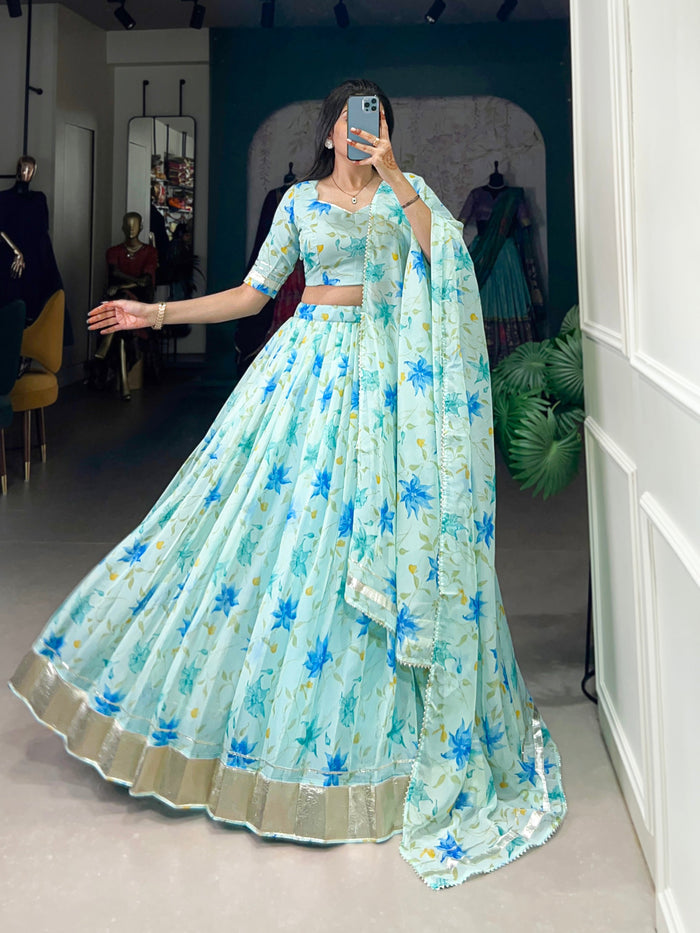 Pista green tabby silk lehenga choli with floral print